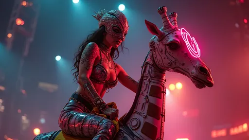 Prompt: female Luchador wrestler (dressed in full body luchador costume with full face luchador mask) riding  a mechanical with neon lights  giraffe , lens flare, wide angle, dynamic pose , retro futurism