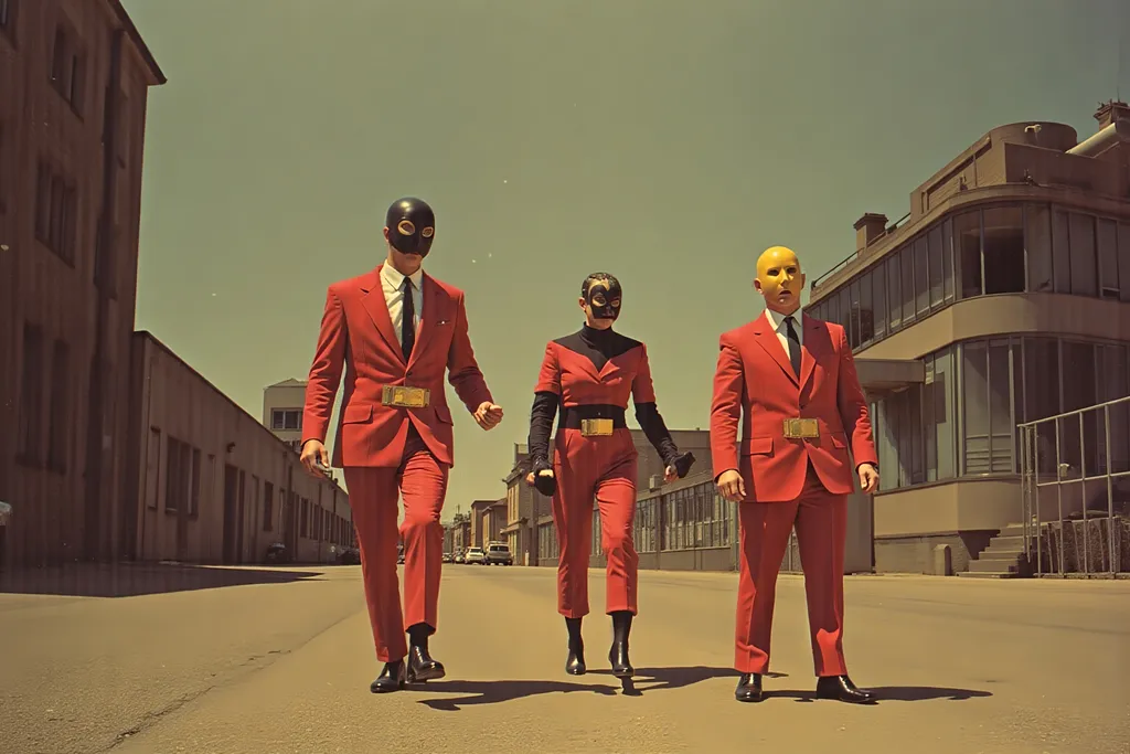 Prompt: masked male and female  luchadores wrestlers in a vintage 1950 jail outdoor court scene, playing a big band swing band in 1950s swing style suits. wearing 1950s fashion made of corn, Lomography 