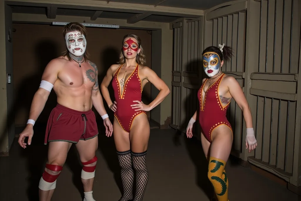 Prompt:  rockabilly band of masked male and female luchadores wrestlers in a vintage 1950 jail, photography 