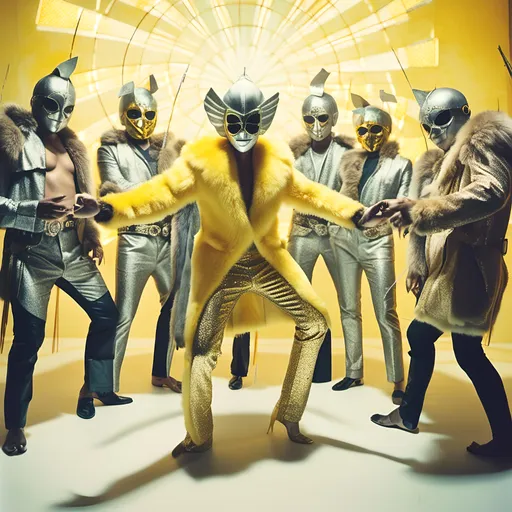 Prompt: <mymodel>  160  luchadores fighters dressed in silver and yellow sparkly fur  jacket and mask and bodysuit playing darts , faded photo, light leak, film burn ,fish eye lens, wide lens, 8m"m lens, lens flare