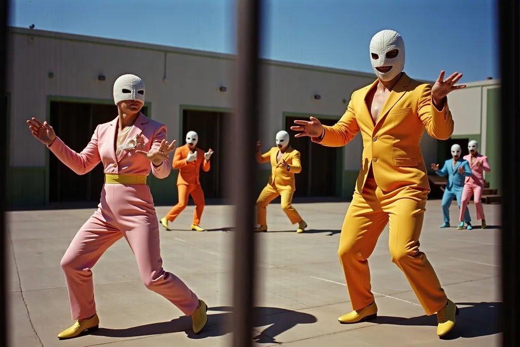 Prompt: masked male and female  luchadores wrestlers in a vintage 1950 jail outdoor court scene, playing a big band swing band in 1950s swing style suits. wearing 1950s fashion made of corn, Lomography 