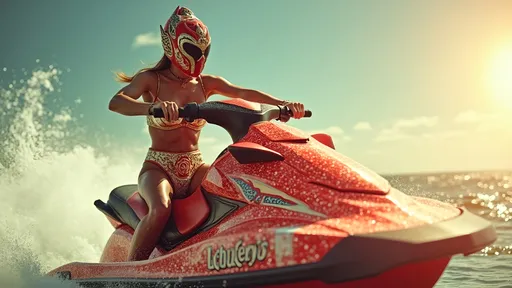 Prompt: female Luchador wrestler (dressed in full body luchador costume with full face luchador mask) riding a  sparkly jet ski  faded photo, lens flare, wide angle, dynamic pose , retro futurism 