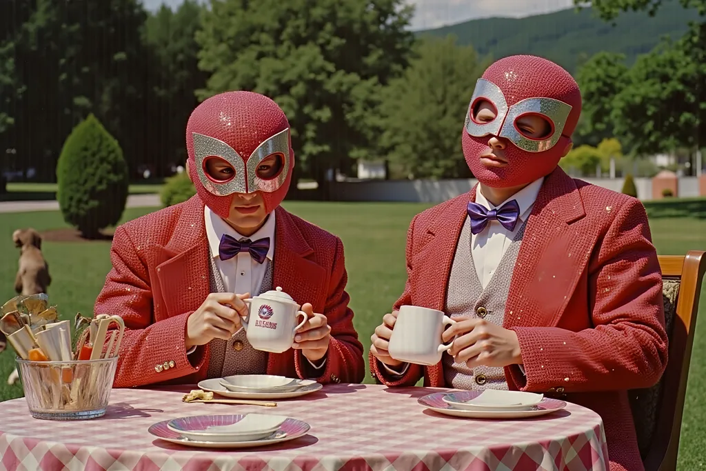 Prompt: masked luchadores dressed sparkly fur  suit, drinking tea  in a fancy garden