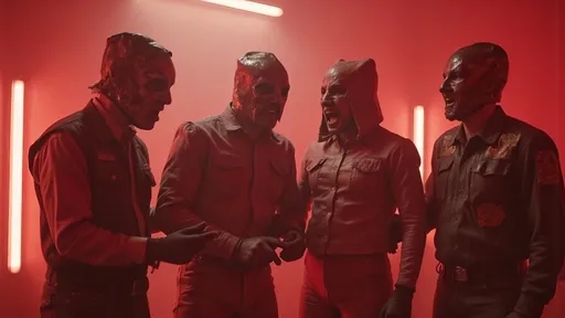 Prompt: a small group (no more than 4 people) luchadores wrestlers (dresses in  themed luchador costume, masks and bodysuits) screaming at each other , dynamic  scene. people look very upset, and angry  in a florescent lit room, with a 1980's simple brutalist design aesthetic. 
8K , super detailed . in a 1980's indie cinematic look, faded winter color theme.
photograph, grainy film look fully masked luchador in sparkly costumes .a small group (no more than 4 people) luchadores wrestlers. screaming at each other , dynamic  scene. people look very upset. with a 1980's simple brutalist design aesthetic.