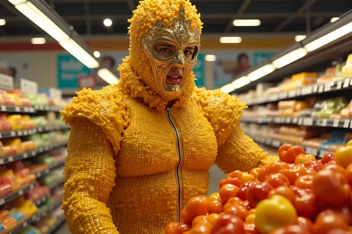 Prompt:  masked luchador dressed in a corn suit, pastel colors masked luchador wrester  dressed bodysuit made of corn pushing a cart full of chili pepper in large 1980 style supermarket 