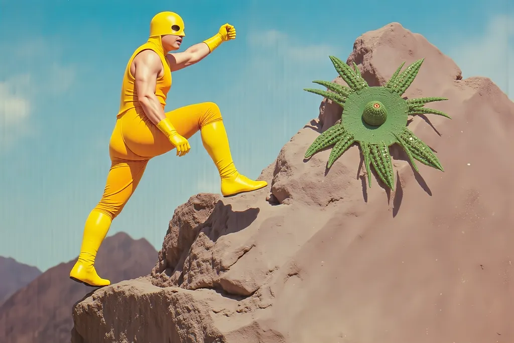 Prompt: masked luchador dressed in a corn suit, pastel colors masked luchador wrestler  dressed bodysuit made of corn riding rock climbing a mountain