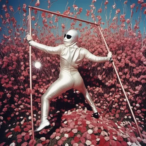 Prompt: <mymodel>  night shot, flash luchador fighter dressed li in sparkly jacket and mask and bodysuit swinging from the on a huge swing in a fields of dead flowers
retrofuturism, faded photo, light leak, film burn, flash ,fish eye lens, wide lens, 8m"m lens, lens flare, polaroid, high contrast, low angle