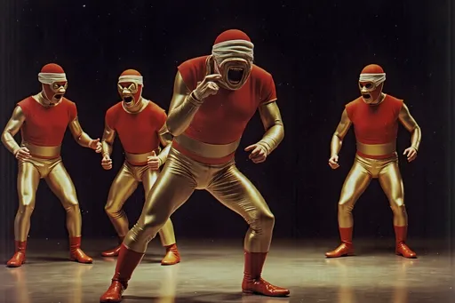 Prompt: fully masked luchador in sparkly costumes .a small group (no more than 4 people) luchadores wrestlers. screaming at each other , dynamic  scene. people look very upset. with a 1980's simple brutalist design aesthetic.