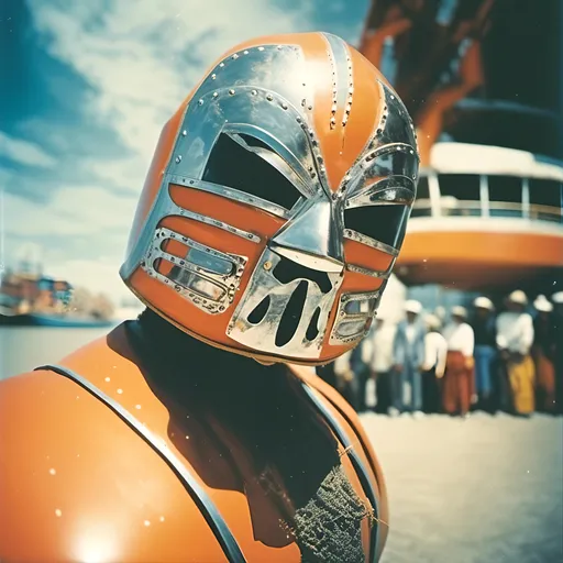 Prompt: <mymodel>  photo , film 
masked luchador fighter at a Mexican  sea port   , faded photo, light leak, film burn ,fish eye lens, wide lens, 8m"m lens, lens 
tilt and shift effect, motion blur, long exposure 
orange and silver