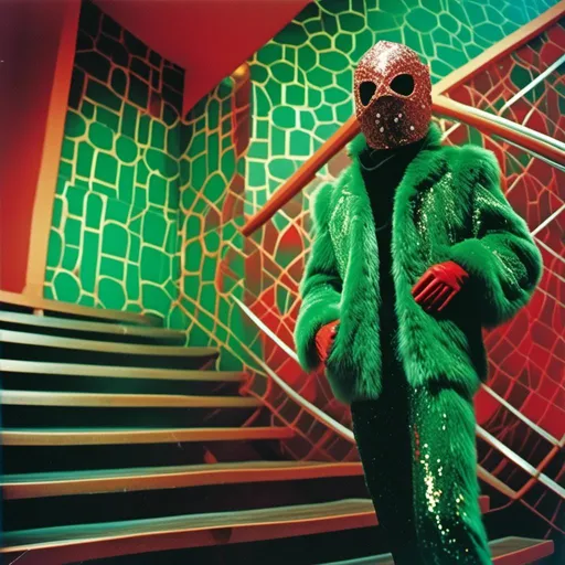 Prompt: <mymodel>   luchador fighter dressed in  green red sparkly fur  jacket and mask and bodysuit in staircase 
retrofuturism, faded photo, light leak, film burn, flash ,fish eye lens, wide lens, 8m"m lens, lens flare, polaroid, high contrast, low angle, motion blur, slow shutter