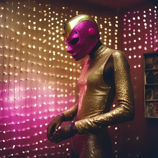 Prompt: <mymodel>luchador fighter dressed in sparkly gold and fuchsia  mask and bodysuit  in a dusty taxidermy shop,
retrofuturism, faded photo, light leak, film burn, flash 
retrofuturism, faded photo, light leak, film burn, flash