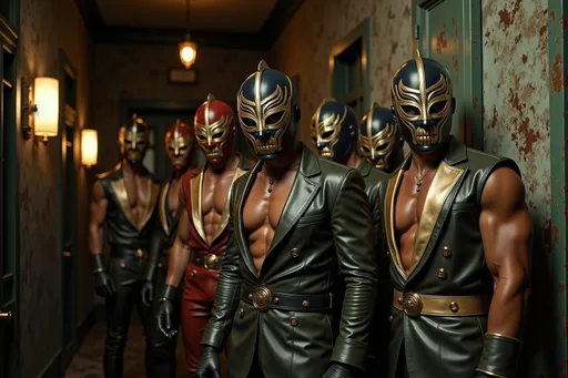 Prompt: group of masked luchadores wrestlers in a vintage 1950 jail, photography 