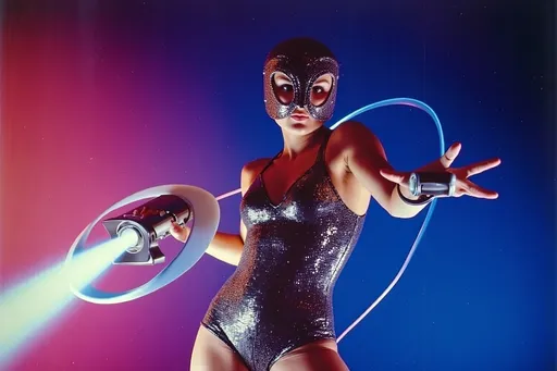 Prompt: female masked  luchador wrestler in  sparkly  bodysuit   hand gliding 
retrofuturism style , photography 