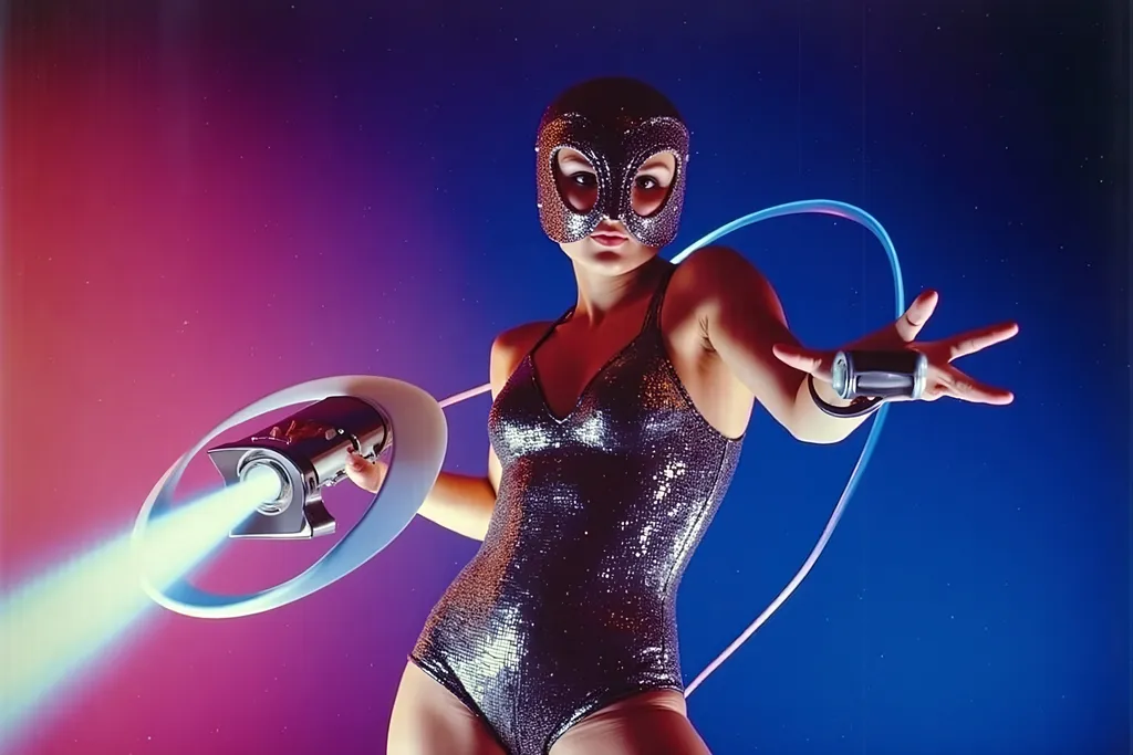 Prompt: female masked  luchador wrestler in  sparkly  bodysuit   hand gliding 
retrofuturism style , photography 