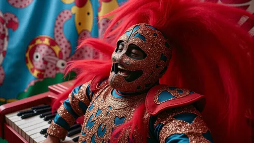 Prompt: masked female luchador (dressed in full luchador costume with mask and sparkly details) in colorful, sparkly costume and mask, standing on top of a colorful  grand piano , whimsical atmosphere, playful and lively, ultra-detailed, HD, , surreal and fun setting, capturing a magical moment of playfulness and nostalgia, visually striking tableau. 