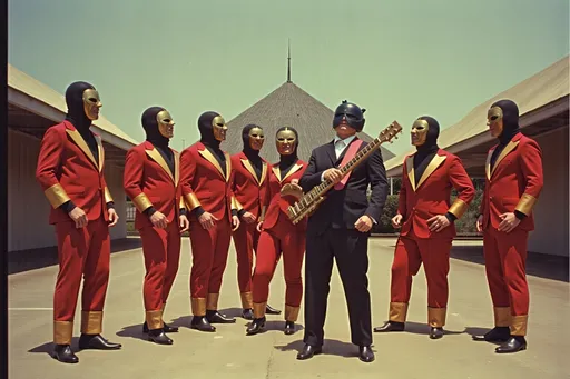 Prompt: masked male and female  luchadores wrestlers in a vintage 1950 jail outdoor court scene, playing a big band swing band in 1950s swing style suits. wearing 1950s fashion made of corn, Lomography 