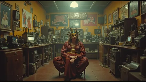 Prompt: a cinematic longshot scene taking place in a vintage camera shop. the walls are full of cabinets with old and vintage camera equipment and also vintage luchador wrestling posters . a female luchador siting alone in the store (she is wearing very elaborate luchador costume with full face luchador mask).  Ekta chrome photograph, a colorized photo, low-fidelity dreamy aesthetic, flare, analog photography 