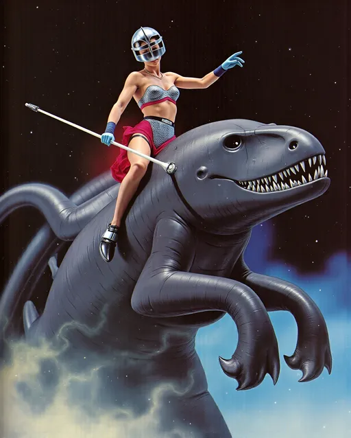 Prompt: female Luchador wrestler (dressed in full body luchador costume with full face luchador mask) riding  a huge mechanical kaiju monster, lens flare, wide angle, dynamic pose , retro futurism