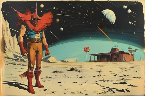Prompt: a moon landscape with on lonely masked luchador (in a full sparkly luchador costume) on the horizon- one lonely building  with a  vintage and dirty sign on the roof  the says- correctly spelling "Luchador Artist" in the distance on surface of the moon itself , far away the planet earth floating in the background.,  in the style of Jack Kirby and Wally Wood, 1940s vintage comic, faded colors