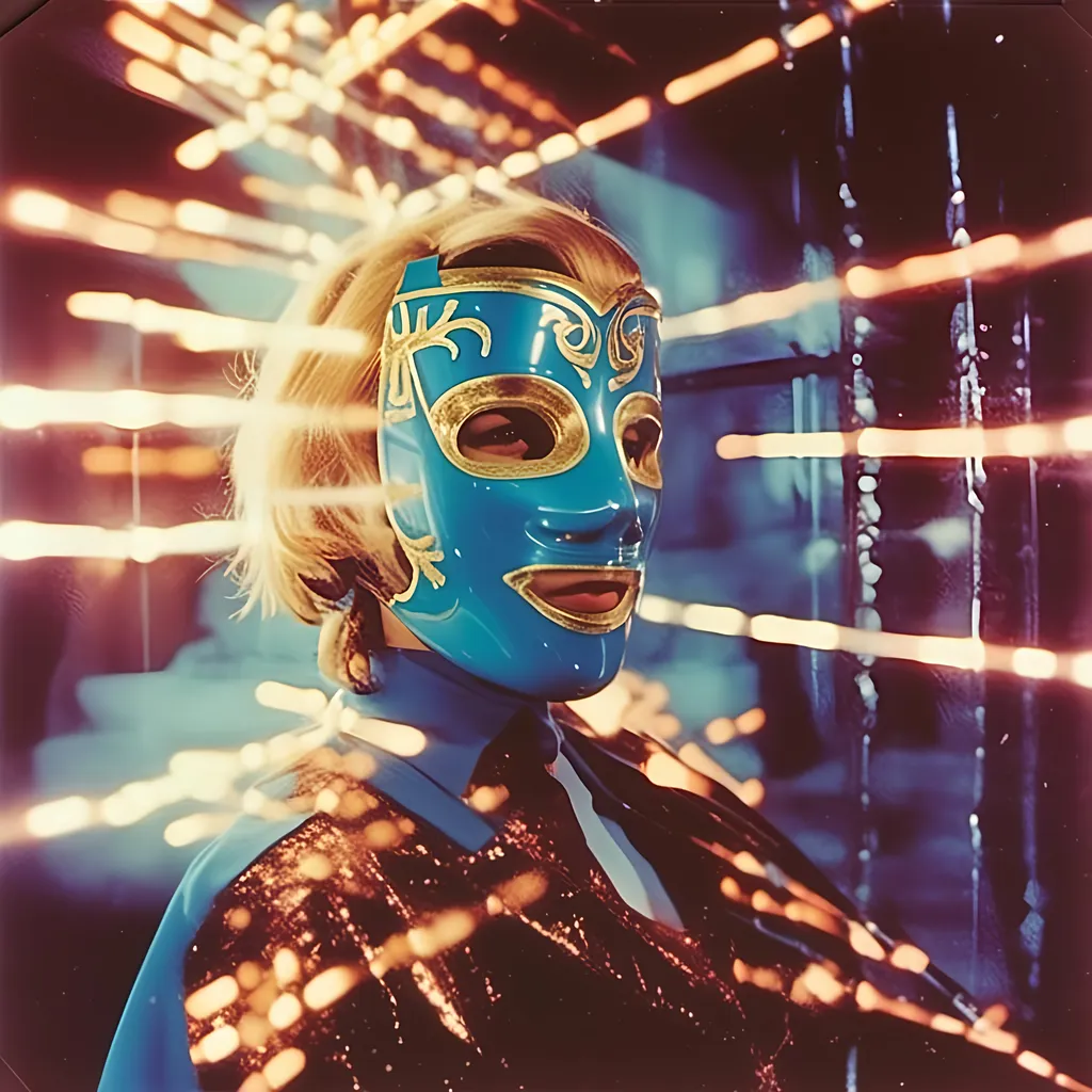 Prompt: <mymodel>  photo , film girl with blue dress is and full face luchador mask  riding  golden merlot sparkly Coin Operated Kiddie unicorn Ride is  burning   in a barn , faded photo, light leak, film burn ,fish eye lens, wide lens, 8m"m lens, lens flare