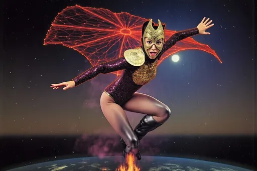 Prompt: female masked  luchador wrestler in  sparkly  bodysuit   parachuting 
retrofuturism style , photography 