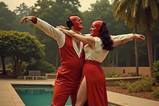 Prompt: Create a movie poster titled, masked male and female luchadores wrestlers in a vintage 1950 garden scene, dancing in 1950s swing style suits. wearing 1950s fashion