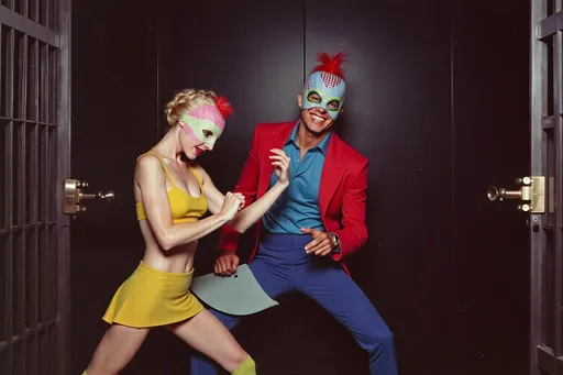 Prompt: masked male and female  luchadores wrestlers in a vintage 1950 jail scene, playing a big band swing band in 1950s swing style suits. wearing 1950s fashion made of corn, Lomography 