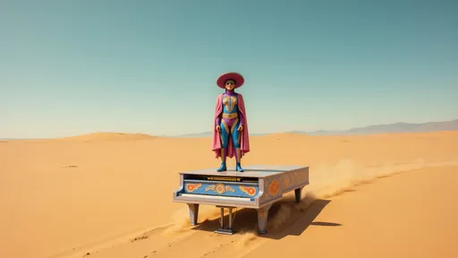 Prompt: masked female luchador (dressed in full luchador costume with mask and sparkly details) in colorful, sparkly costume and mask, standing on top of a colorful  grand piano in the middle of the desert , whimsical atmosphere, playful and lively, ultra-detailed, HD, , surreal and fun setting, capturing a magical moment of playfulness and nostalgia, visually striking tableau. 