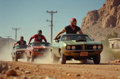 Prompt: small group older masked  luchador wrestlers (all characters are wearing very elaborate bodysuits and full face masks), they are  driving vintage muscle cars through a post-apocalyptic city.
 Arie Smit, retrofuturism, Ekta chrome photograph, a colorized photo, low-fidelity dreamy aesthetic, flare, low quality, analog photography David LaChapelle, magical realism.