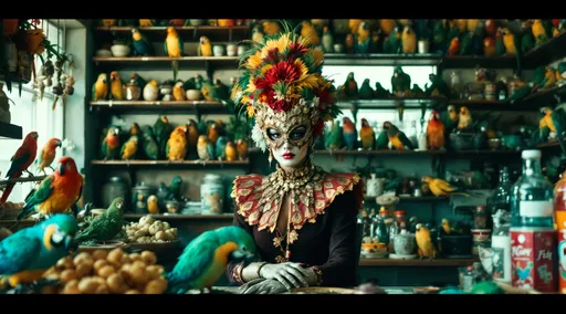 Prompt: a cinematic longshot scene taking place in a vintage pet shop. the walls are full with hundreds of  parrots . a luchador siting alone in the store (she is wearing very elaborate luchador costume with full face luchador mask).  Ekta chrome photograph, a colorized photo, low-fidelity dreamy aesthetic, flare, analog photography 