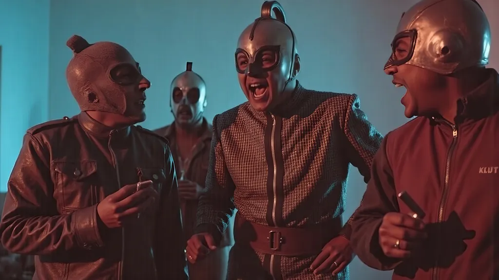 Prompt: a small group (no more than 4 people) luchadores wrestlers (dresses in  themed luchador costume, masks and bodysuits) screaming at each other , dynamic  scene. people look very upset, and angry  in a florescent lit room, with a 1980's simple brutalist design aesthetic. 
8K , super detailed . in a 1980's indie cinematic look, faded winter color theme.
photograph, grainy film look fully masked luchador in sparkly costumes .a small group (no more than 4 people) luchadores wrestlers. screaming at each other , dynamic  scene. people look very upset. with a 1980's simple brutalist design aesthetic.