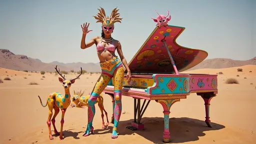 Prompt: masked female luchador (dressed in full luchador costume with mask and sparkly details) in colorful, sparkly costume and mask, standing on top of a colorful  grand piano in the middle of the desert , whimsical atmosphere, playful and lively, ultra-detailed, HD, , surreal and fun setting, capturing a magical moment of playfulness and nostalgia, visually striking tableau. 