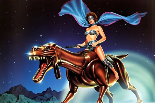 Prompt: female Luchador wrestler (dressed in full body luchador costume with full face luchador mask) riding  a huge mechanical kaiju monster, lens flare, wide angle, dynamic pose , retro futurism