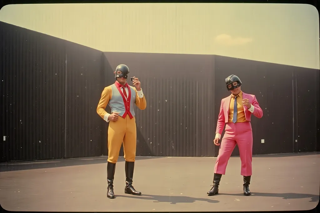 Prompt: masked male and female  luchadores wrestlers in a vintage 1950 jail outdoor court scene, playing a big band swing band in 1950s swing style suits. wearing 1950s fashion made of corn, Lomography 