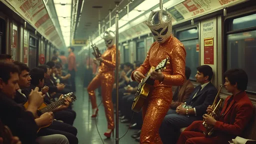 Prompt: masked female and male  luchadores wrestlers dressed in sparkly luchador costume . they are  preforming a musical act playing on guitar and trumpets in a  Japanese subway train that is extremely packed with passengers in rush-hour.
 vintage photo, sparkly dreamy aesthetic, low-fidelity, (Kodachrome) , (analog photography), dynamic poses, surreal and whimsical atmosphere, richly textured backdrop
