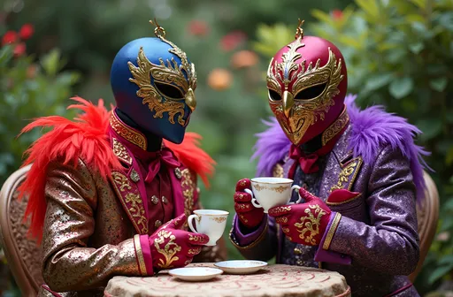 Prompt:  2 masked luchador dressed colorful sparkly feathered  suit, drinking tea  in a fancy garden