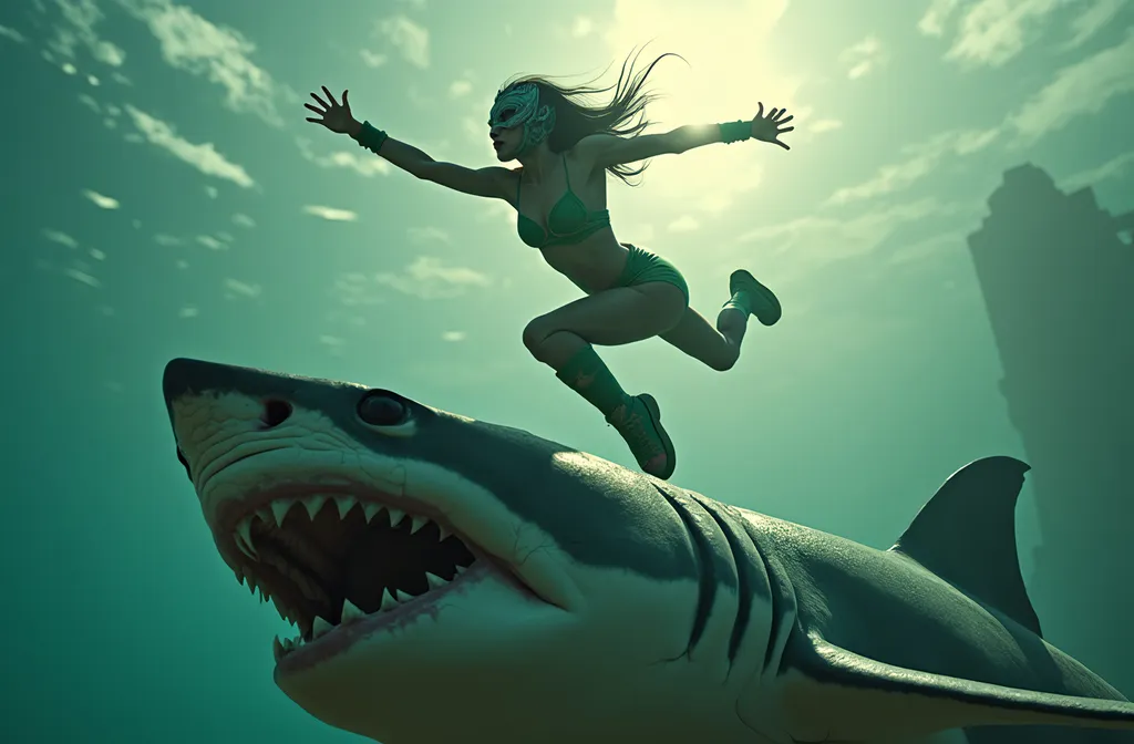 Prompt: female Luchador wrestler (dressed in full body luchador costume with full face luchador mask) jumping over a huge shark, lens flare, wide angle, dynamic pose , retro futurism