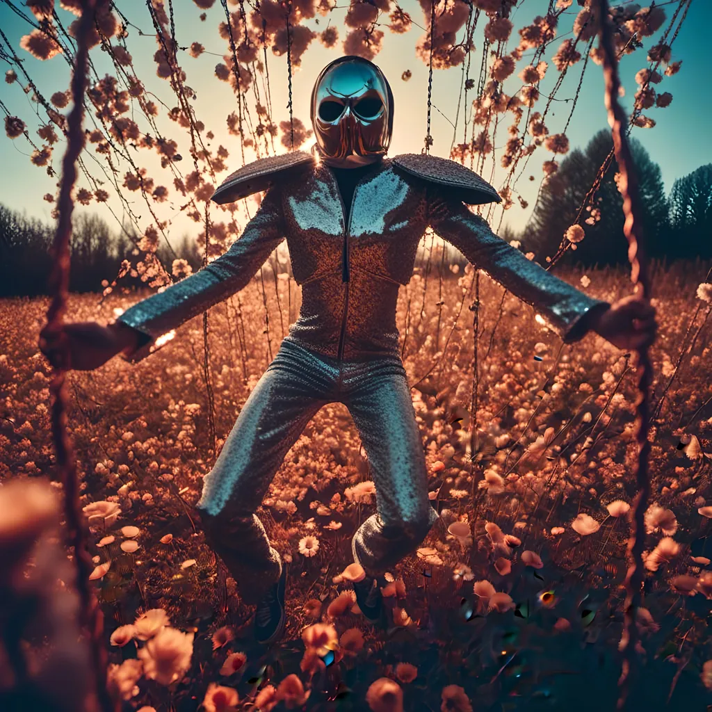 Prompt: <mymodel>  night shot, flash luchador fighter dressed li in sparkly jacket and mask and bodysuit swinging from the on a huge swing in a fields of dead flowers
retrofuturism, faded photo, light leak, film burn, flash ,fish eye lens, wide lens, 8m"m lens, lens flare, polaroid, high contrast, low angle