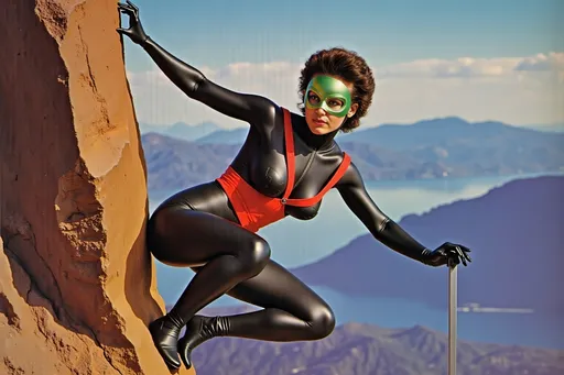 Prompt: masked female luchador wrestler rock climbing a mountain