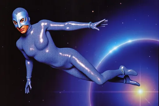 Prompt: masked  luchador wrestler in  sparkly  bodysuit   sky diving
retrofuturism style , photography 