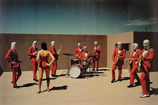 Prompt: masked male and female  luchadores wrestlers in a vintage 1950 jail outdoor court scene, playing a big band swing band in 1950s swing style suits. wearing 1950s fashion made of corn, Lomography 