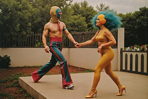 Prompt: masked male and female  luchadores wrestlers in a vintage 1950 garden scene, dancing in 1950s swing style suits. wearing 1950s fashion made of corn, Lomography 