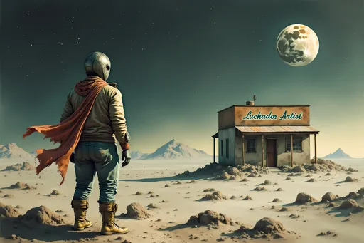 Prompt: a moon landscape with on lonely masked luchador (in a full sparkly luchador costume) on the horizon- one lonely building  with a  vintage and dirty sign on the roof  the says- correctly spelling "Luchador Artist" in the distance on surface of the moon itself , far away a planet floating in the background.