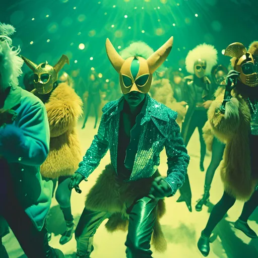 Prompt: <mymodel>   luchador fighters dressed in teal and dark yellow  sparkly fur  jacket and mask and bodysuit dancing , faded photo, light leak, film burn ,fish eye lens, wide lens, 8m"m lens, lens flare