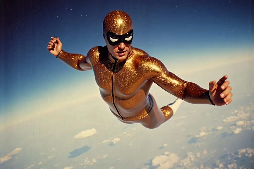 Prompt: masked  luchador wrestler in  sparkly  bodysuit   sky diving
retrofuturism style , photography 