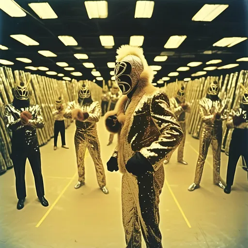 Prompt: <mymodel>  2  luchadores fighters dressed in  gold and black sparkly fur  jacket and mask and bodysuit playing darts  in a warehouse  , faded photo, light leak, film burn ,fish eye lens, wide lens, 8m"m lens, lens flare