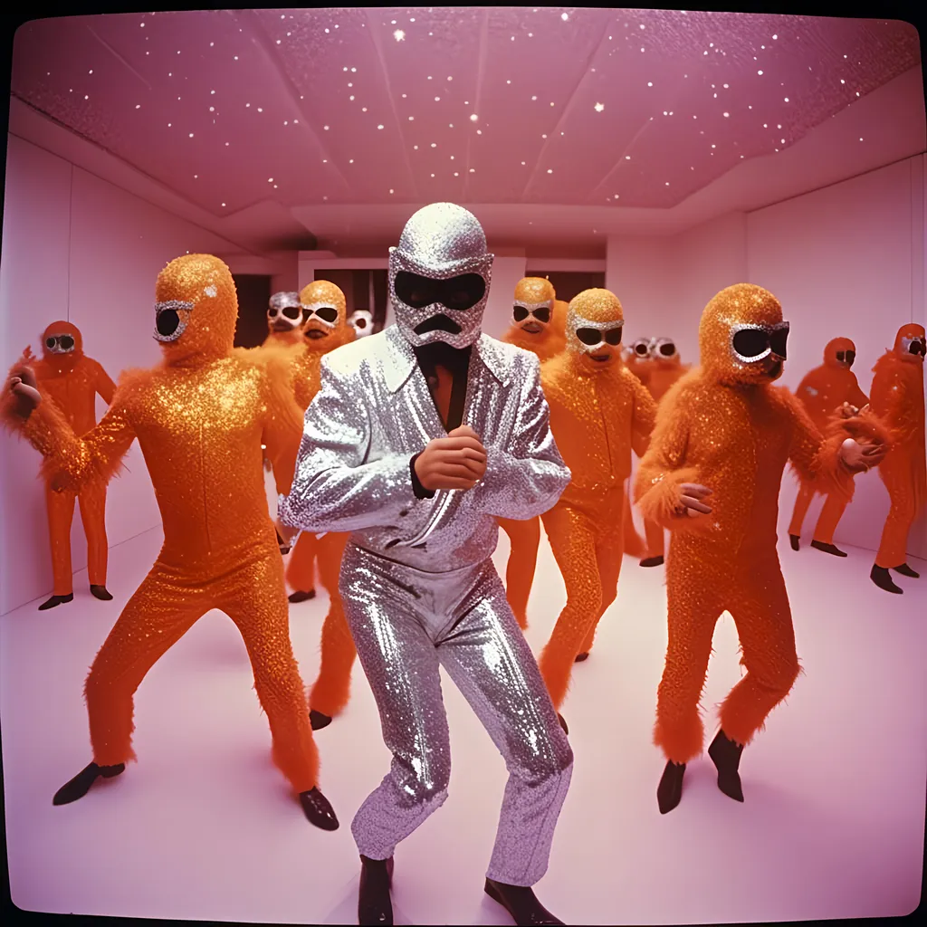 Prompt: <mymodel>  luchador fighters dressed in silver and dark orange  sparkly fur  jacket and mask and bodysuit dancing , faded photo ,fish eye lens, wide lens, 8m"m lens, 