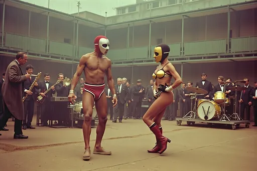 Prompt: masked male and female  luchadores wrestlers in a vintage 1950 jail outdoor court scene, playing a big band swing band in 1950s swing style suits. wearing 1950s fashion made of corn, Lomography 