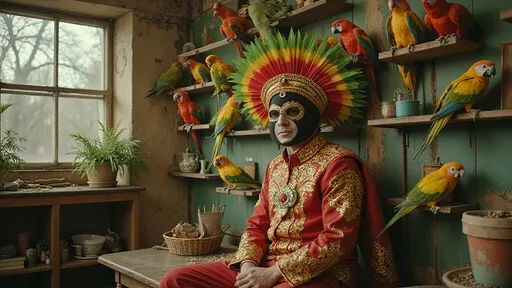 Prompt: a cinematic longshot scene taking place in a vintage pet shop. the walls are full with hundreds of  parrots . a luchador siting alone in the store (he is wearing very elaborate luchador costume with jewels and feathers with full face luchador mask).  Ekta chrome photograph, a colorized photo, low-fidelity dreamy aesthetic, flare, analog photography 