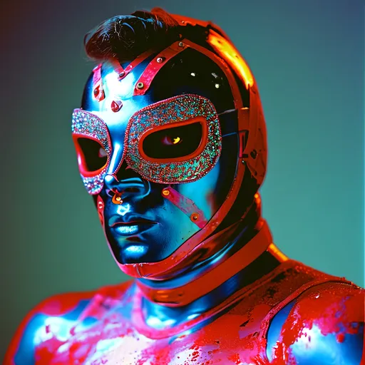 Prompt: mask luchador fighter , full body ,wearing sparkly bodysuit which is covered with  plastic groggily eyes . retrofuturism, Ekta chrome photograph, a colorized photo , expressionism groggily eyes, groggily eyes